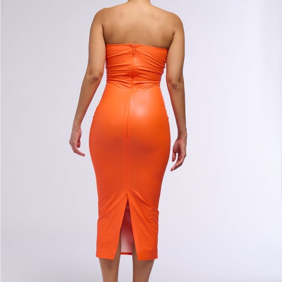 AKIRA Pleather Cut Out Midi Dress Vibrant Orange Strapless Baddie Club Going Out - Picture 5 of 16